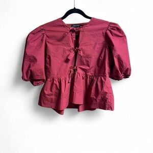 Olivaceous Red Peplum Blouse with Bow Accents